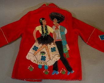 Vintage 50's Mexican Handcrafted Jacket, Vintage 50's Mexican Wool Applique Jacket Ladies, Vintage 50's Mexican Wool Souvenir Jacket
