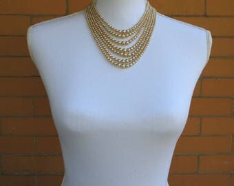 Vintage Multi Strand Faux Pearl Necklace with Silver Tone Rhinestone Clasp
