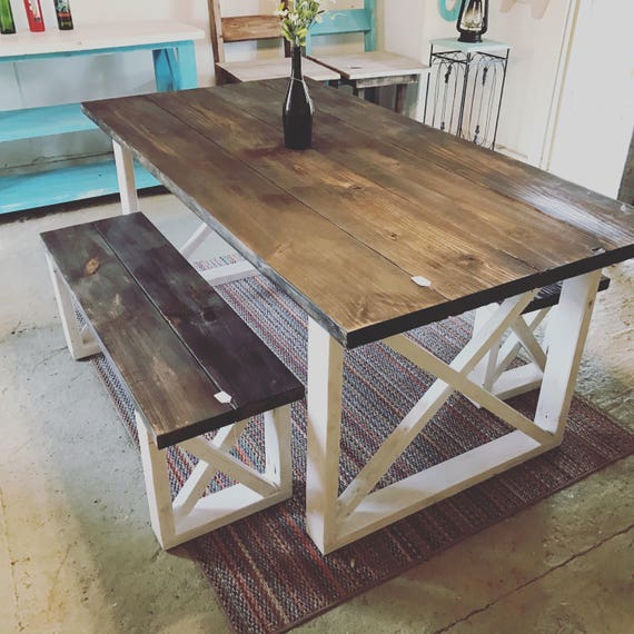 Rustic Farmhouse Table With Benches with Dark Walnut Top and