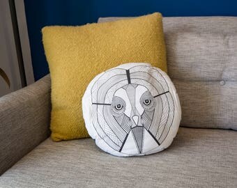 Handmade Owl Cushion - Owl of Wisdom Animal Totem Stuffed Cushion // Handmade Illustrated Throw Cushion // Black & White Decor // Owl Home