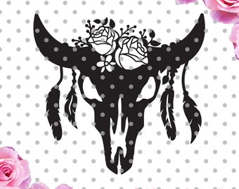 Cow Skull with feathers svg, skull svg, cow skull svg, flowers svg, texas svg, Frames Svg cutting file, cow SVG, DXF, bull svg