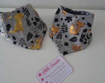 Set of two dinosaurs Golden and copper foxes printed jersey bandana bibs