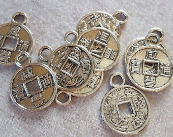 x 10 small silver metal parts - coins - sequins charms pendants ethnic boho - 12 x 10 mm