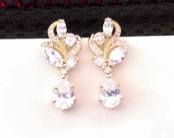 Bridal Earrings, Gold CZ Drop Earrings, Wedding Earrings, Cubic Zirconia, Bridal Earrings, Sparkly Drop Earrings, Hollywood Chic, UK Seller