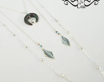 Collier en argent 925 "Han wi"- 2 rangs - croissant de lune - corne - perles Tchèques - pâte polymère