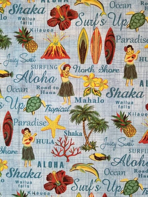 Hawaiian fabric, tropical fabric, hula girl fabric, aloha fabric