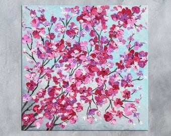 Cherry Blossom painting, Palette knife Floral art, Contemporary Acrylic painting, Abstract art, Impasto Texture Flowers, Modern wall art 24"
