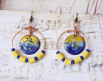 Boho Hoop Earrings, Bohemian Earrings, Hippie Chic, African Earrings, Enamel Copper Pendant, Handmade Jewelry, Womens Gift, Teen Girls Gift