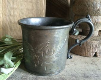 Cute Little Etched Tarnished Silver Childs Cup