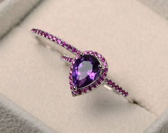 Natural amethyst ring, pear cut engagement ring, February birthstone, purple gemstone, sterling silver, bridal sets