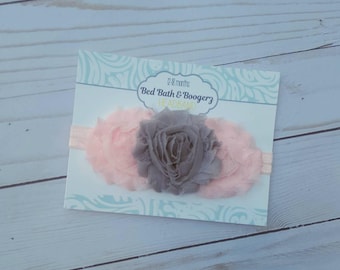 Light Pink and Grey Baby Headband- Infant Headband, Newborn Headband, Flower Headband, First Birthday, Cake Smash Accessories, Gray and Pink