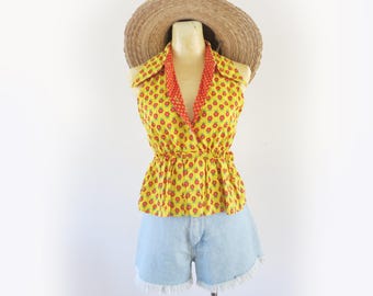 Vintage 70's Bright Yellow + Red Floral Folky Bohemian Peplum Tank Top Size Small