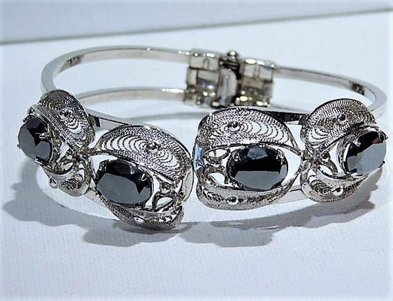 Sorrento Hematite Clamper Bracelet Mid Century 1960s 60s Italy Italian Jewelry Designer Sterling Silver Cannetille Filigree Fashion Cuff