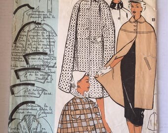 Fabulous 50's french vintage sewing pattern : Woman winter cape coat 3 lenght collar pockets size 16 taille 44 "Patrons modeles 68087"