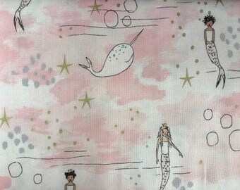 Pink & white fantasy mermaid fabric, mermaids, fantasy, whimsical fabric, cotton fabric, fairytale fabric, Michael Miller