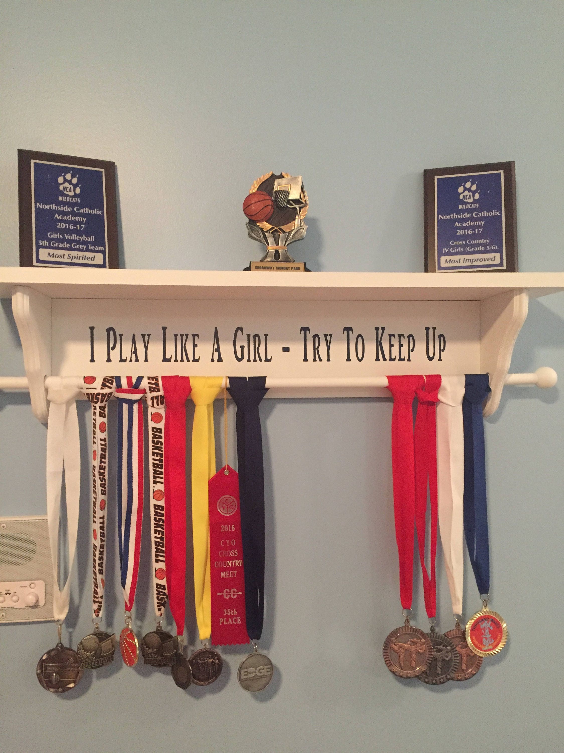 30 Sports Medal and Trophy Shelf Play like a girl