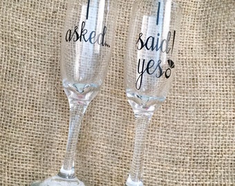 Engagement Champagne Flutes Set of 2 "I asked.." "I said yes!" Perfect gift for newly engaged couples proposal party