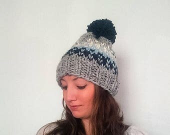 50% OFF SALE Chunky Knit Hat, Knit Pom Pom Hat, Grey Knit Hat, Chunky Pom Pom Hat Fair Isle Hat - Grey Marble