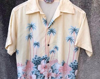 Mega Sale 20% Vintage Hawaiian Shirt Aloha Coconut tree Sun Surf Hawaiian Hawaii Aloha Flowers Asian Pattern Rayon Shirt Rare sz M