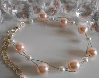 Wedding bracelet twist of pale pink and white beads