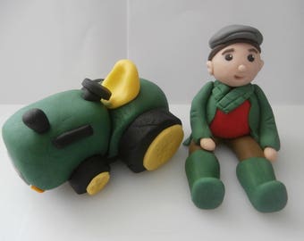 Edible tractor and farmer, cake topper,decoration,birthday,retirement,sugarpaste