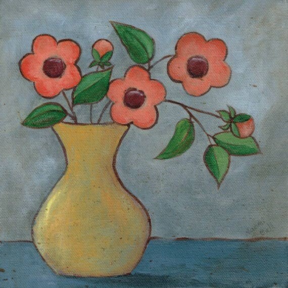 Roses Original Folk Art Canvas Painting Farmhouse Style