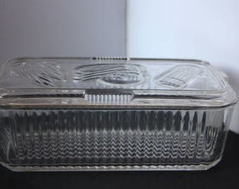 Vintage Ribbed Glass Refrigerator Storage Container, Glass Refrigerator Storage, Vintage Glass Kitchen Container, Federal Glass, Depression