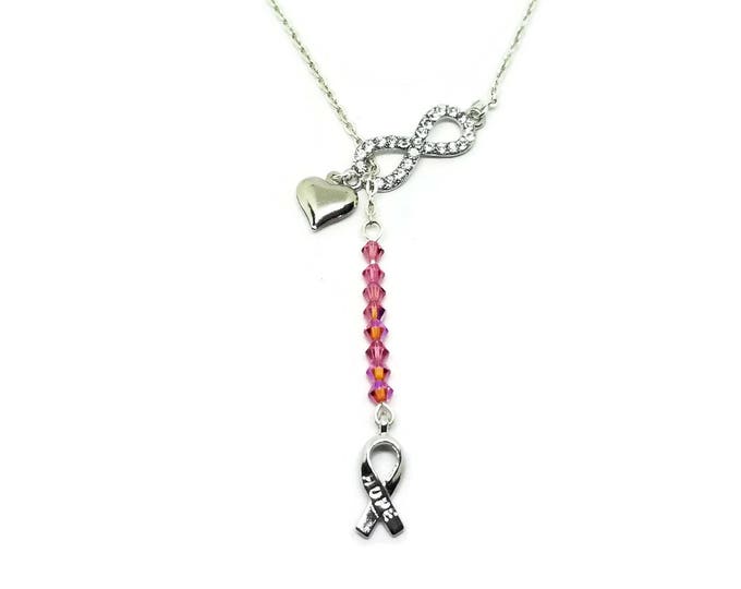 Breast Cancer Awareness Necklace, Crystal Infinity Symbol Lariat Necklace, Pink Ribbon Jewelry, Awareness Ribbon Jewelry, Cancer Awareness