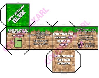 CUSTOM Birthday Invitation card CUBE Mine Themed - EASY to Fold & Glue!