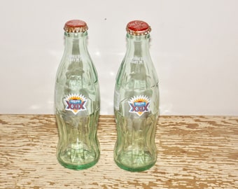 Coca Cola green glass Super Bowl XXIX bottles,hobble skirt,set of 2,San Francisco 49ers,San Diego Chargers,1995,old coke bottles
