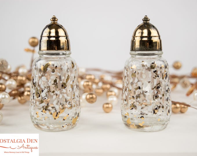 Vintage Salt & Pepper Shakers | MCM Hazel Atlas Glass Gold / White Splatter Print