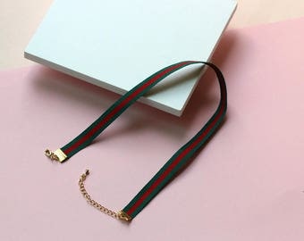 GUCCI-like stripes choker necklace / green red choker necklace green choker