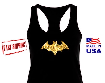 Batgirl Shirt, Bat girl Tank Top, Womens Workout Black Tank Top, Gold Glitter Racerback, FAST SHIPPING.