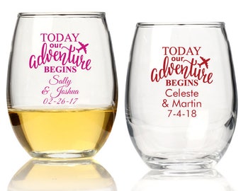 24 PCS - Adventure begins Wedding Favors, perosnalized stemless wine glass favors, 9oz stemless wine glass favor