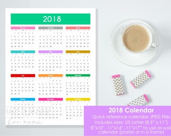 2018 calendar. 2018 wall Calendar, printable. US Letter Size, 8.5x11, 8x10, 11x14, 11x17 JPEG. Quick reference calendar. Instant download.