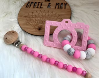 In stock- Camera teether & dummy chain gift set- silicone teether, pacifier clip set- baby girl
