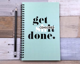 Writing journal, spiral notebook, sketchbook, bullet journal, black and mint, to do list, blank lined or grid paper - Get S**t done