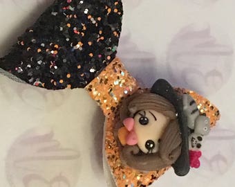 Halloween witch charm glitter bow on crocodile clip girls