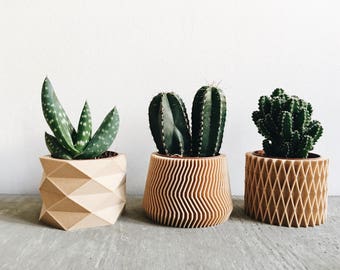 Set of 3 small geometric Pots / Planters Design Hygge printed in Wood perfect for succulents or cacti !