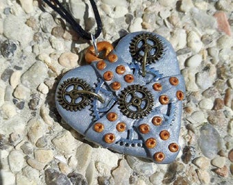 Silver polymer steampunk way Heart Necklace