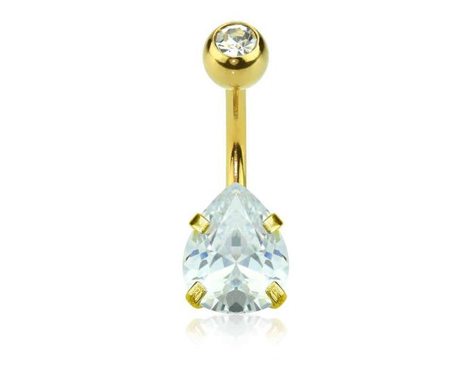 Gold Plated Double Gem Prong Set Tear Drop CZ 316L Surgical Steel Navel Ring