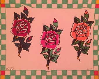 9x12 Sailor Jerry Flowers Traditional Tattoo Flash Sheet 9x12 Sailor Jerry Flowers Traditional Tattoo Flash Sheet