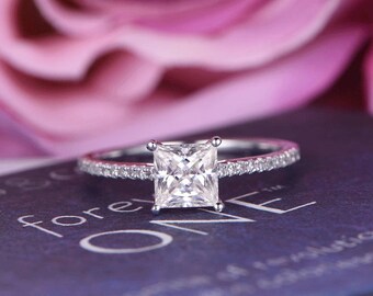6mm Princess Cut Moissanite Engagement ring/Diamond in 14k white gold/Stackable ring/Bridal wedding ring/Anniversary ring/Half Eternity/Pave