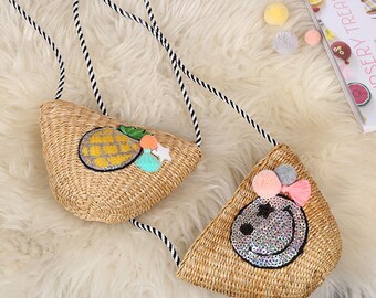 Straw crossbody bag,Little girls straw bag,Pompom crossbody bag, Kids pompom bag,Small bag, Mini pouch,straw crossbody, ribbonnkids