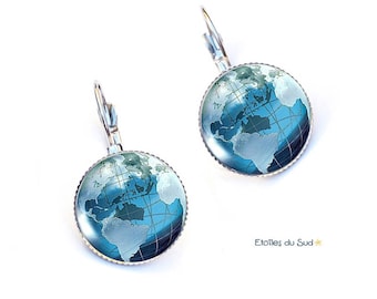 Earrings blue world map, travel, planet, resin cabochons