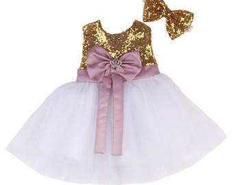 Pink And Gold First Birthday Outfit, Baby Christening Dress, Glitz Pageant Dress, Baby Party Dress, Baby Pageant Dress, Baby Baptism Dress