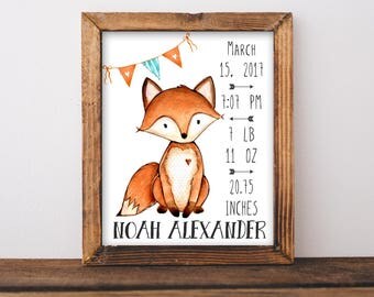 Fox Birth Stats Wall Art. Baby Stats. Orange and Aqua Nursery Decor. Personalized Baby Gift. Woodland Nursery Wall Art. Gift For Baby. Fox.