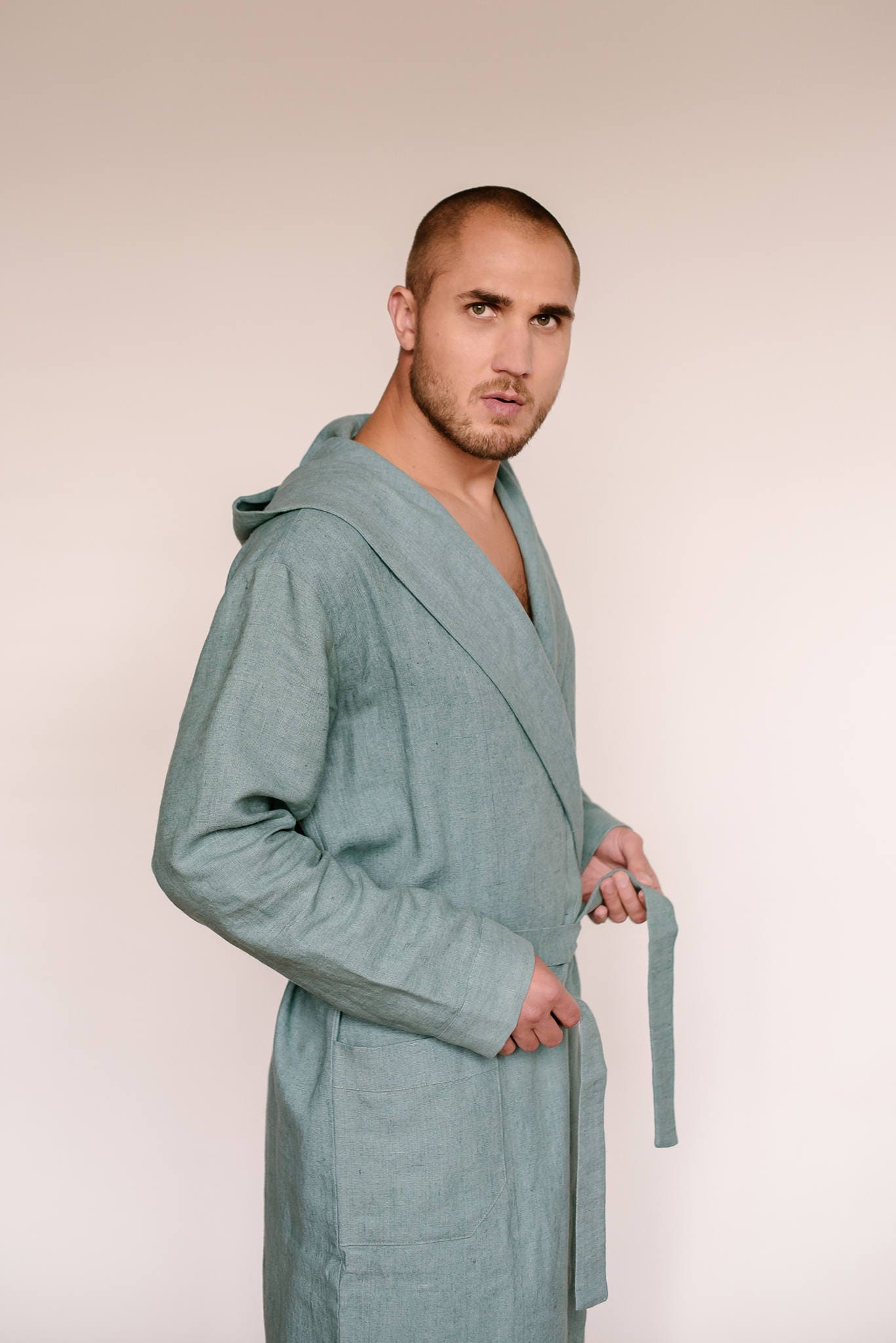 Linen mens hooded robe mens spa robe bathrobes for men