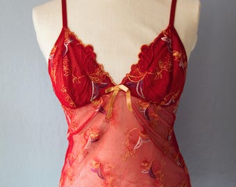 True Vintage 90s Top Camiset M Red Gold Dessous Lingerie Underwear spaghetti straps transparent sexy bombshell undergarment