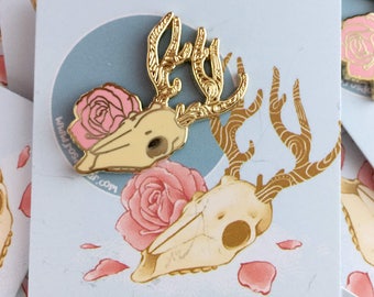 Deer Skull & Rose 30mm Enamel Pin Badge